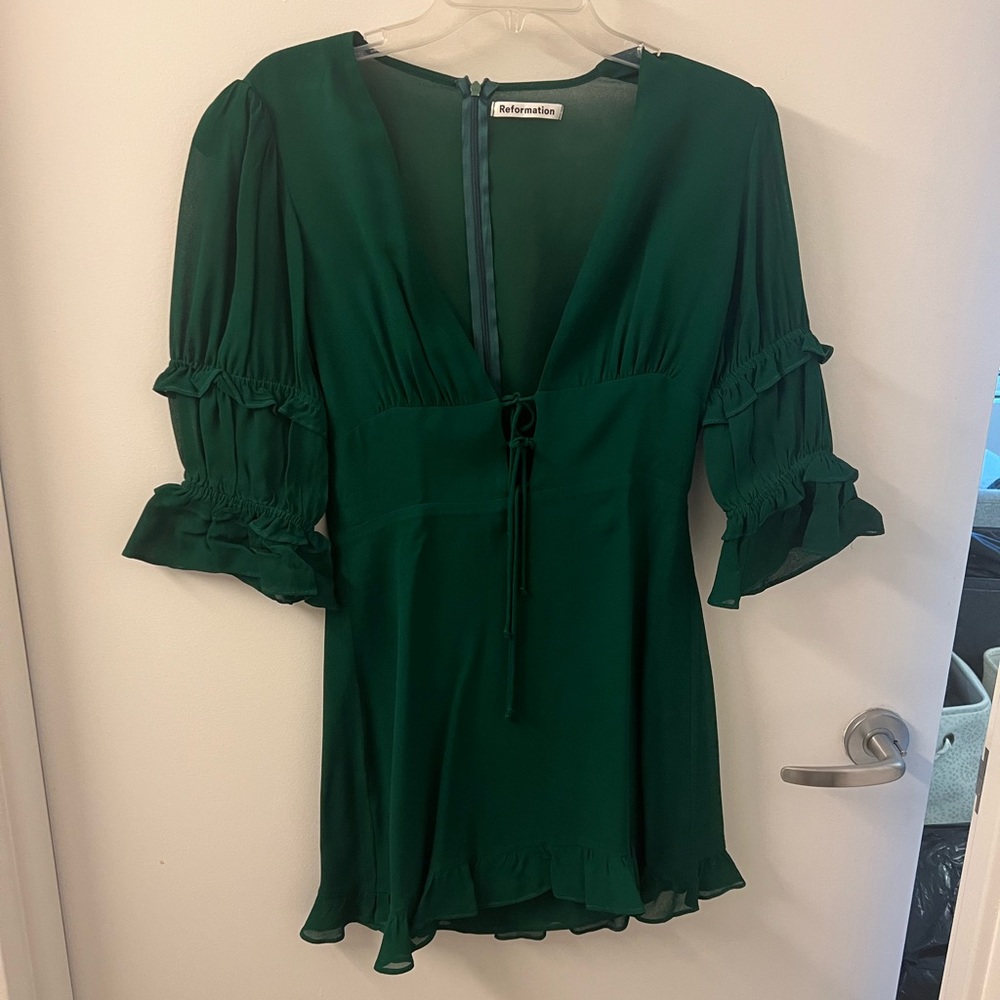 Reformation Green V Neck Mini Dress